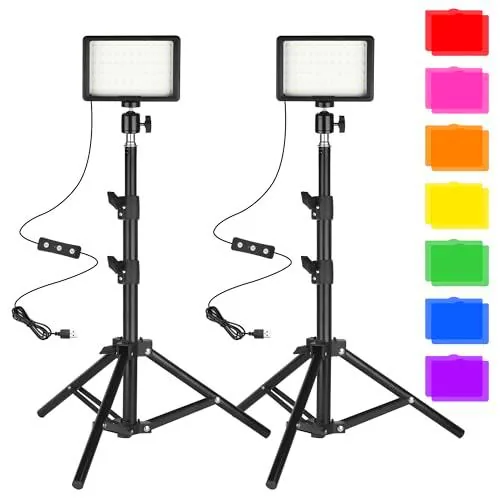 Luz LED de Foto y Vídeo 2-Pack, Ci-Fotto Dimmable 5600K USB Luz Continua de Fotografía con Trípodes y Filtros de Color para Estudios de Fotografía de Ci-Fotto