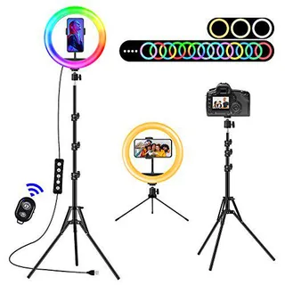 Aro de Luz LED con 2 Trípode, 10'' Anillo de Luz 15 Colores RGB