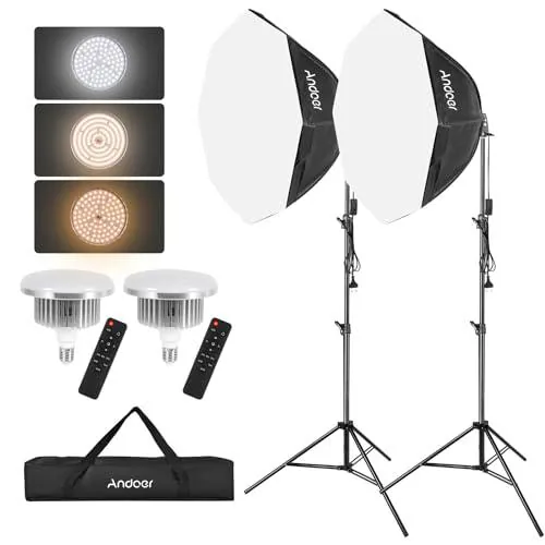 Andoer Kit de iluminación para fotografía de estudio con luz LED de 85 W 2800 K-5700 K x 2 + caja de luz octágono * 2 + 2 m de trípode de luz * 2 + mando a distancia * 2 + bolsa de transporte * 1 para