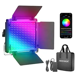 Neewer 530 RGB Luz LED con Control Aplicación, 528 SMD LED CRI95/3200K-5600K/Brillo 0-100%/0-360 Colores Ajustables/11 Escenas Aplicables con Pantalla LCD/Soporte en U/Barndoor