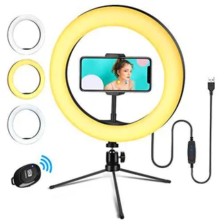 Linkax Aro de Luz Trípode, 10" Luz de Anillo LED para Móvil con 3 Colores & 10 Niveles de Brillo Regulables Control Remoto Inalámbrico para Selfie Maquillaje Youtube TIK Tok Live