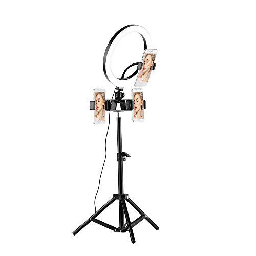 Andoer Anillo de luz de 10" fotográfica, Aro de Luz 3 Modos Regulable con 3 Soportes para teléfono + Adaptador + Soporte para trípode + Obturador Remoto para Selfie