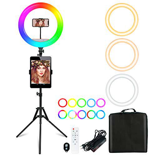 RGB Anillo de Luz Trípode LED 18" (48CM), Aro de Luz para Tableta/Móvil con Control Remoto Bluetooth &amp; RGB