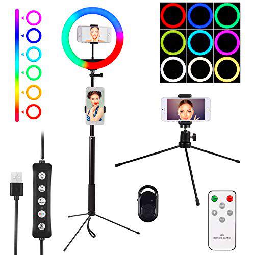 Luz de Anillo LED para Selfie con Trípode 6 RGB Luz de Aro con 4 Modos 49 Tipos de Iluminación 10 Niveles de Brillo Control Remoto Bluetooth Lámpara de Anillo para Selfie Maquillaje Youtube Live