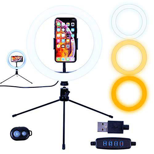 AGM 10" LED Anillo de luz Selfie con trípode de Mesa y Soporte para teléfono | Control Remoto Bluetooth para videografía fotográfica de transmisión en Vivo