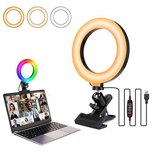 Anillo de Luz LED, Rigiyoo Luz para Videoconferencia con Clip 6 RGB Colores + 8 Niveles de Brillo