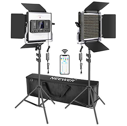 Neewer 2 Packs Luz Video LED 660 con Control de Aplicaciones Kit Iluminación de Video y Soporte de Luz Regulable 40W Bicolor 3200K-5600K Alto CRI con Difusor Barndoor Bolsa para Estudio