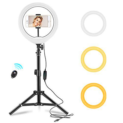 TECOOL Anillo de Luz LED de 10" con Soporte para Trípode y Soporte para Teléfono: Ring Light Regulable con 3 Modelos de Color y 10 Brillo para Youtube/TikTok/Toma de Video/Maquillaje/Selfie