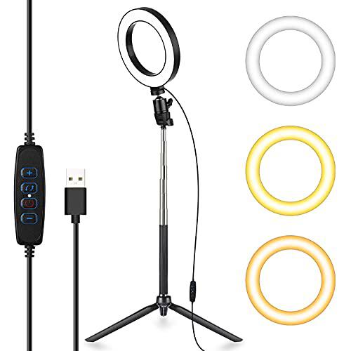 EEEKit Luz de Anillo Regulable de 6", iluminación de Flujo en Vivo de Selfie con Soporte de Barra Ajustable para fotografía de Maquillaje