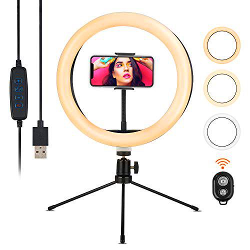 SUNNEST Anillo de luz de 10" con trípode y soporte para teléfono para transmisión en vivo y Vídeo de YouTube