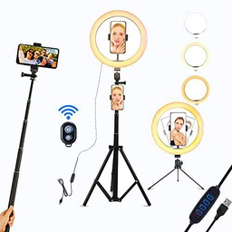 Luz de Anillo LED,Aro de Luz de 10.2" con Trípode Control Remoto Bluetooth,3 Modos de Luces 10 Brillos Regulable para Móvil Selfie,Fotografía,Maquillaje,Youtube