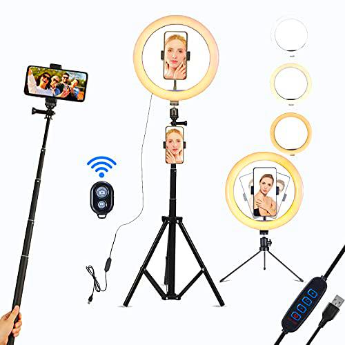 Luz de Anillo LED,Aro de Luz de 10.2" con Trípode Control Remoto Bluetooth,3 Modos de Luces 10 Brillos Regulable para Móvil Selfie,Fotografía,Maquillaje,Youtube