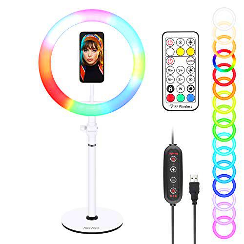 Neewer Anillo de Luz RGB Selfie con Control Remoto Soporte de Escritorio Soporte para Smartphone Luz Circular RGB de 28 Colores para Transmisión en Vivo/Maquillaje/Video de YouTube/Zoom/Juegos(Blanco)