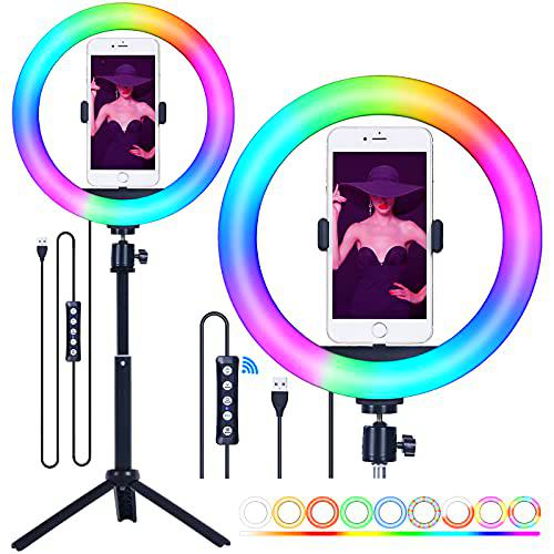 FOSOTO Anillo de Luz RGB de 10" Regulable 9 Colores y 11 Modos RGB Ajustable con Soporte Kit de Luz Anular de Sobremesa Alimentado por USB para Youtube
