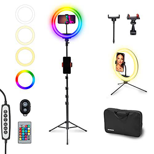 BUONSON Aro de Luz con 2 Trípode Anillo de Luz LED 26 cm 15 Colores RGB Ring Light con 2 Soportes para Teléfono 3 Controles Remotos para Selfie Cámara Fotografia TIK Tok Youtube Vídeo
