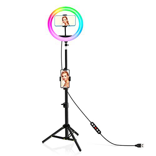 Powerextra Aro De Luz con Tripode Alto,10&quot; Anillo de Luz LED 17 Modos Color con Soporte para Trípode y Soporte para Teléfono para Movil Selfie de Escritorio Maquillaje