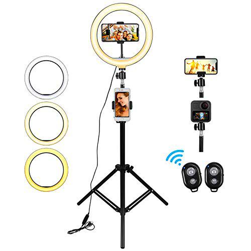 Luz de Anillo LED Aro de Luz Trípode Extendible 160cm 120LED Luz Anillo Selfil Fotografía 3 Colores 10 Brillos con Mandos Bluetooth y 2 Soportes para Movil Maquillaje Live Tiktok Youtube Vlog