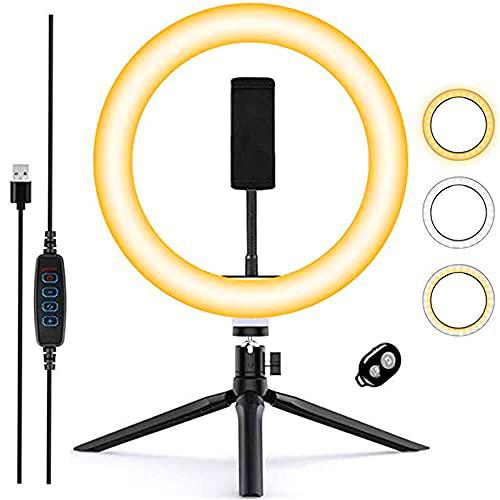 Anillo de luz LED, Aro de Luz y Trípode 3 Colores Modo 12 Brillos Regulables