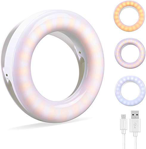 Selfie la luz del Anillo，Recargable Anillo de luz Selfie，3 Colores y 3 Brillos Regulables，40 LED Recargable Selfie Light Clip