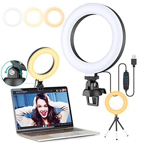 Anillo de Luz Videoconferencia, 6" Aro de Luz Portatil con Trípode y Clip para Laptops