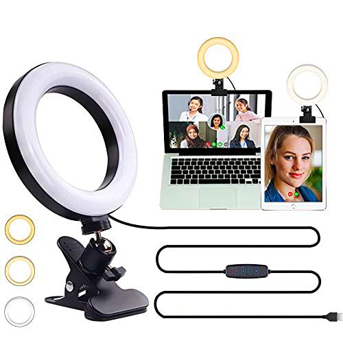 Plartree Anillo de Luz LED, 6'' Aro de Luz Selfie con Clip para Videoconferencia con 3 Colores Regulables