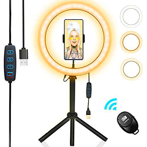 Luz de Anillo de 10 Pulgadas,3 Colores 10 Brillos Regulables,Luz de Anillo LED Selfie con Trípode Stand,Control Remoto Bluetooth