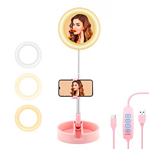 Aro de Luz, hicoosee Espejo para Maquillarse 3 Colores 10 Brillos Regulables con Soporte Luz de Anillo LED para Smartphone y Caja de Almacenamiento para Selfie Maquillaje Tiktok Youtube, Rosa