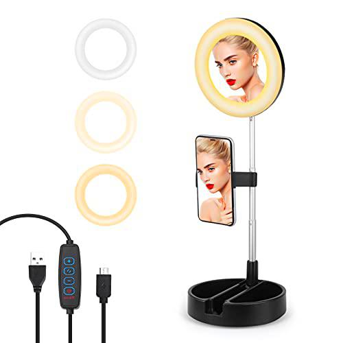 Aro de Luz, hicoosee Espejo para Maquillarse 3 Colores 10 Brillos Regulables con Soporte Luz de Anillo LED para Smartphone y Caja de Almacenamiento para Selfie Maquillaje Tiktok Youtube, Negro