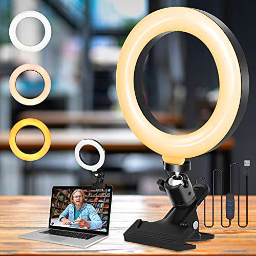 NANONAN Anillo de Luz 6", USB Luz LED para Videoconferencia 360 º Giratorio de Mesa Luz con Clip 3 Modos de Iluminación y 10 Niveles Regulables 3000-6000k para Fotografía