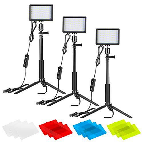 Neewer 3 Pack Portátil Kit de Iluminación Fotográfica Luz de Video LED Regulable 5600K USB 66 con Soporte de Trípode Ajustable Filtros Color para Mesa Grabación Productos Desde Ángulo Bajo Youtube