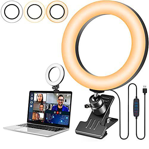 Anillo de Luz Videoconferencia,Kit de iluminación, 6" Aro de Luz con Clip,3 Modos de Iluminación y 10 Brillos,para Trabajo a Distancia