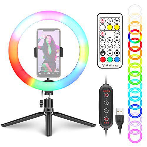 Neewer Anillo de luz RGB de 10 Inches con Luz para Selfies con Soporte para Trípode y Soporte para Teléfono Control Remoto Luz de Anillo LED Regulable 29 Modos de Colores