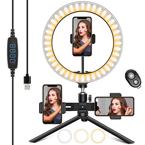 HAPAW 10&quot; Luz de Anillo LED, Aro de Luz de con Trípode Control Remoto Bluetooth,3 Color 10 Brillo Regulable para Transmisión en Vivo,Selfie,Maquillaje,Videoconferencia,Youtube, TikTok