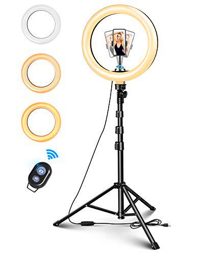 10" Aro de Luz Selfie Trípode, Anillo de Luz LED con Soporte para Móvil con Control Remoto Regulable para Transmisión en Vivo