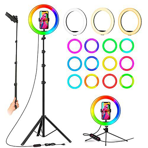 12.6" RGB Anillo de Luz LED con 2 Trípode 1 Palo para Selfies 24 Colores RGB 7 Brillos Regulables Controles Remotos para Selfie Cámara Fotografia TIK Tok Youtube Vídeo (Altura Total: 70")
