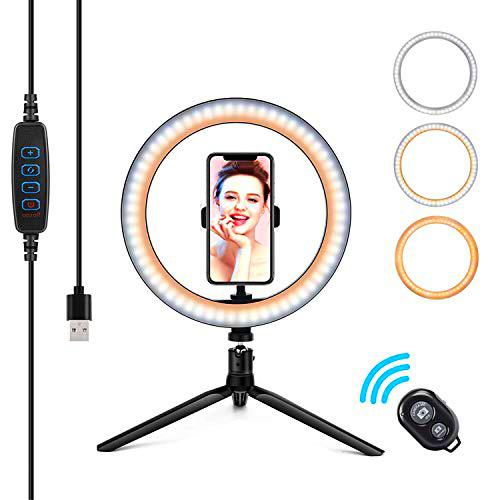 ACTGON Anillo de Luz LED 10", 3 Colores 10 Brillos Regulables Aro de Luz con Trípode Soporte Giratorio de Teléfono para Selfies