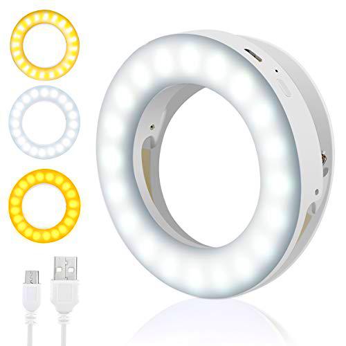 Anillo de luz Selfie, Lomoo [Recargable] 40 LED USB Selfie Light Clip en Teléfono con Ajuste Continuo de 3 Modos de luz para Móvil