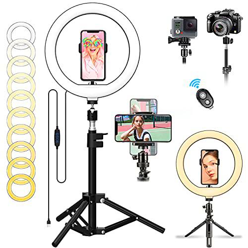 Luz de Anillo LED Uktunu 10" Lámpara de Selfie Anillo de Luz con 3 Trípode Control Remoto Bluetooth 3 Modos de Luces Regulable para Móvil Selfie,Fotografía,Maquillaje,Youtube,TIK Tok Live