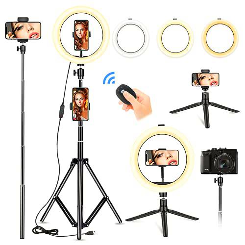 Anillo de Luz con Soporte Trípode,HEKIWAY 10" Selfie Ring Light con Soporte para Trípode&amp;3 Soportes para Teléfonos,Anillo de Luz LED con Control Remoto Inalámbrico para Conferencias,Maquillaje,Vídeo