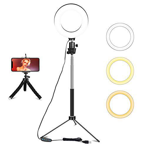 Anillo de luz con trípode, 6 pulgadas, regulable, con 3 modos de color y 10 luces LED de brillo para selfies