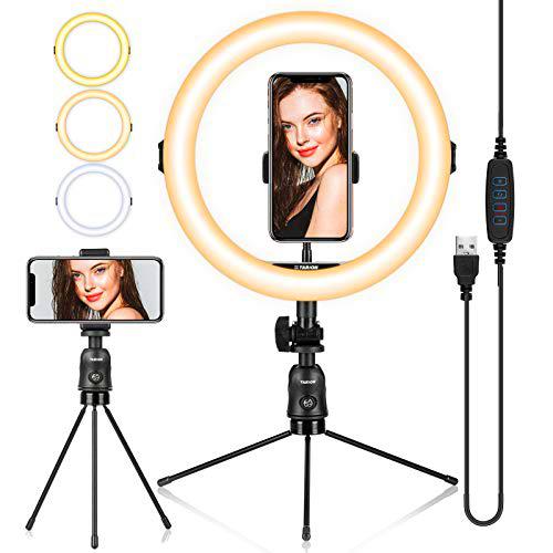 TARION Anillo de luz LED para Selfies de 11"con Mini trípode de Mesa y Soporte para teléfono Anillo de luz de Belleza para transmisión en Vivo