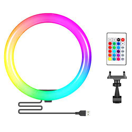 Neewer Anillo de Luz RGB 10&quot; con Luz para Selfies con Soporte para Teléfono Tipo C Control Remoto por Infrarrojos 16 Colores Regulables y 4 Modos de Flash para Maquillaje Youtube Tiktok (Sin Soporte)