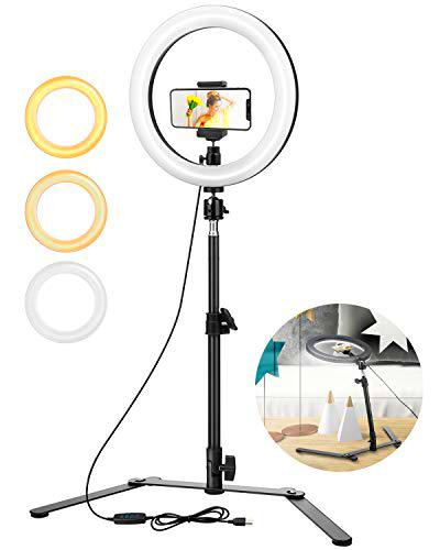 Anillo de luz Trípode LED 10", Aro Soporte de Luz de Selfie de Regulable 3 Colores de Luz + 10 Niveles de Brillo