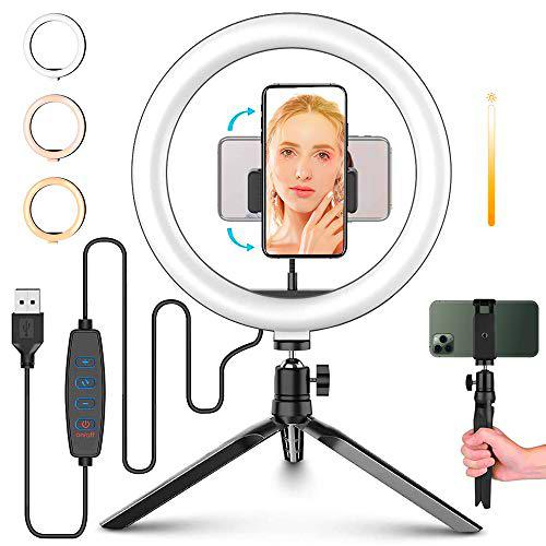 Aro de luz LED, 10'' Aro de Luz con Trípode, 3 Colores 10 Brillos Regulables Aro de Luz para Maquillaje