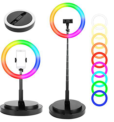 APOKIN Aro de Luz para Movil 10" RGB Anillo de luz LED con Trípode Soporte Plegable Altura Regulable 26 Colores 10 Brillos Regulables Control Remoto Ideal para Maquillaje Youtube TIK Tok Live