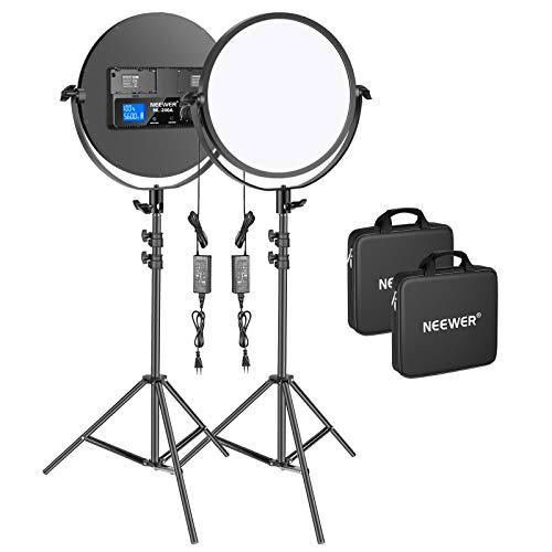 Neewer 2 Pack Luces Video LED Redondas de Metal de 10,6" con Kit Iluminación Soporte 30W 3200-5600K CRI95+ Luz Regulable de Borde de Estudio Flapjack para Grabación Video YouTube (Batería No Incluida)
