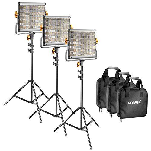 Neewer 3 Packs Regulable Bi-Color 480 LED Luz y Kit de Iluminación Panel de LED (3200-5600K CRI 96 +) con Soporte U
