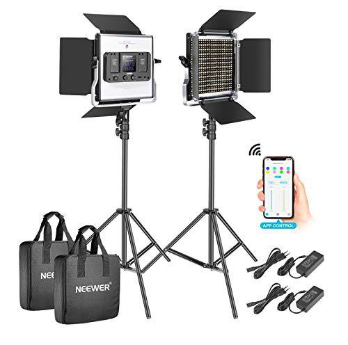 Neewer 2-Pack 528 LED Video Luz Metal Regulable Bi-Color 3200K-5600K Kit de Iluminación Fotografía con App Sistema Control Inteligente Pantalla LCD y Soporte Luz para Video Estudio