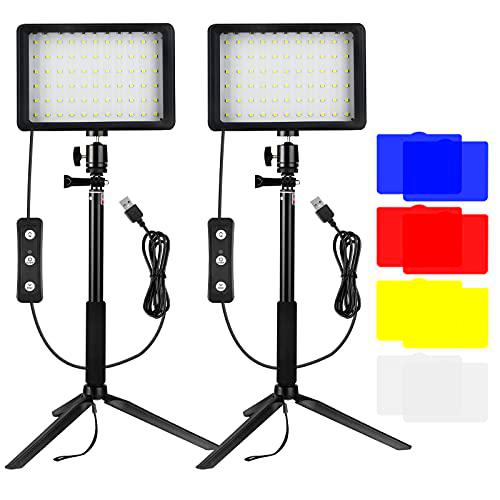 5600K Luz LED de Video 2-Pack, Luz Fotografia, Bonvvie Luz de Cámara Regulable USB con Trípode Ajustable y Filtros de Color para Tomas de ángulo Bajo