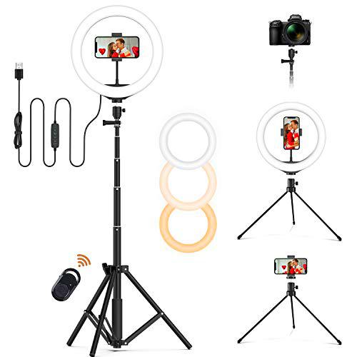 Aro de Luz con 2 Trípode, 10" LED Ring Light con 3 Modos de Color y 10 Brillos para TikTok